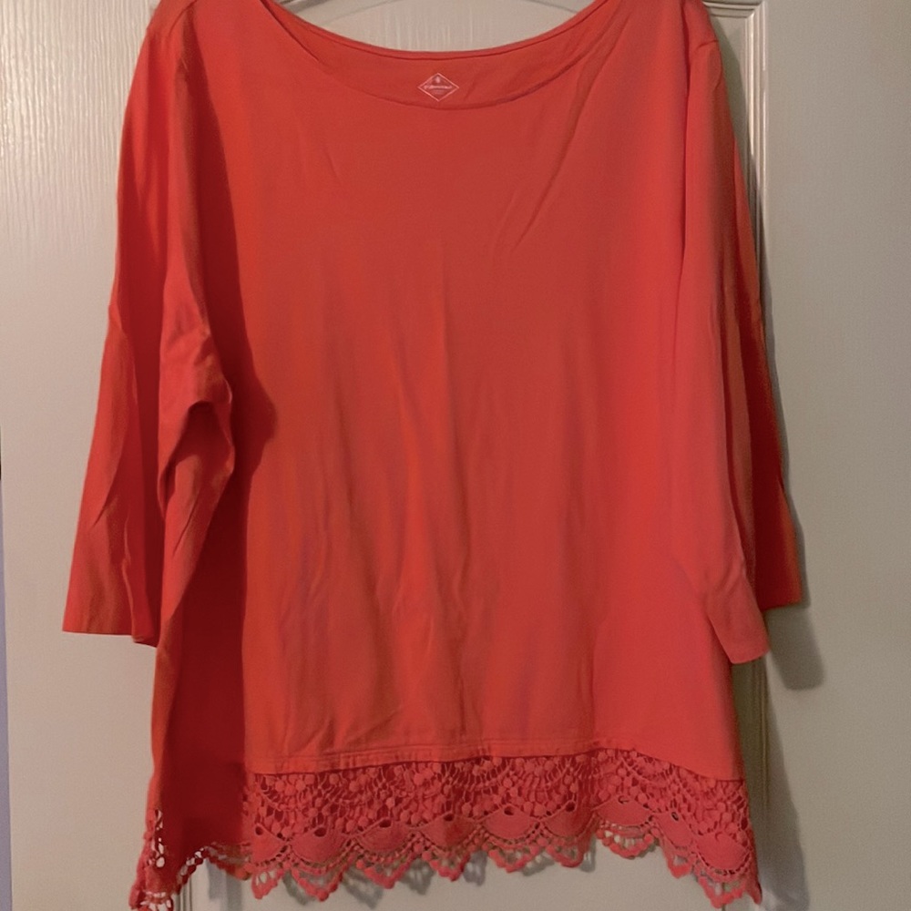 St John’s Bay Coral Colored Blouse Laced Trim size 3X